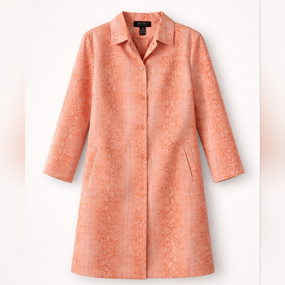 Peach Pink Coral Snake Print Jacket Coat Women’s 3/4 Length Button Front Plus 20